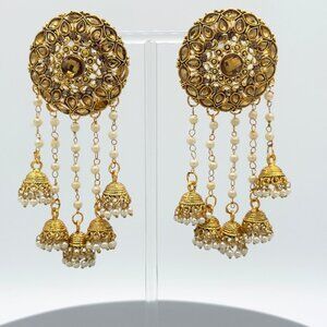 Gold Tone Pearl Kundan Jhumka Bollywood Earrings Indian Pakistani Punjabi